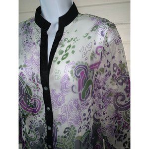 Investments Sz SMALL Purple White Paisley Leopard L/S Button Up Shirt Sheer EUC
